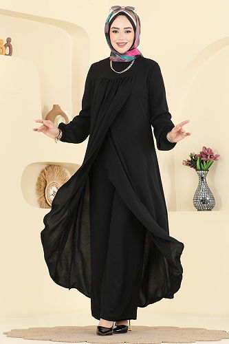 moda selvim Önden Yırtmaçlı 2 li Takım 2824SLK540 Siyah - Thumbnail