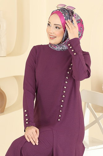 moda selvim Önden Yırtmaçlı 2 li Takım 8334AB368 Koyu Gül Kurusu - Thumbnail