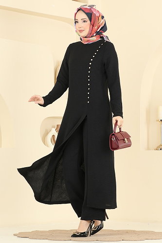 moda selvim Önden Yırtmaçlı 2 li Takım 8334AB368 Siyah - Thumbnail