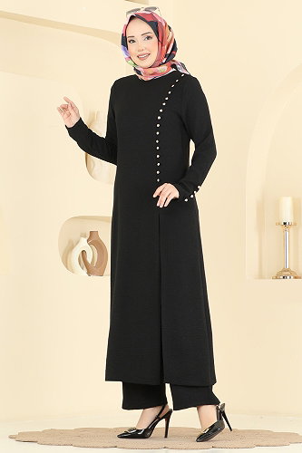 moda selvim Önden Yırtmaçlı 2 li Takım 8334AB368 Siyah - Thumbnail