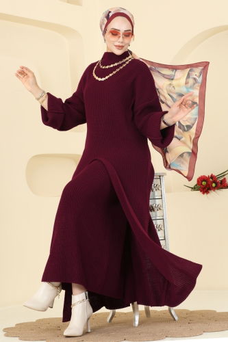 H.B.S. - Önden Yırtmaçlı Etekli Takım 7081HBS856 Bordo