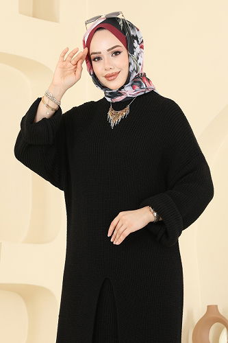 moda selvim Önden Yırtmaçlı Etekli Takım 7081HBS856 Siyah - Thumbnail