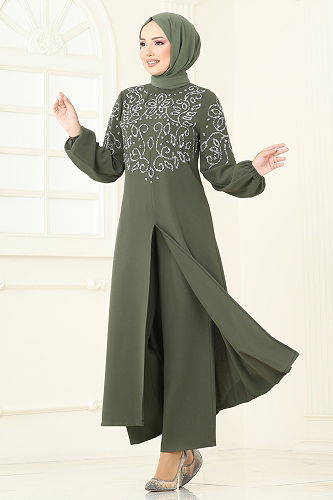 moda selvim Önden Yırtmaçlı Şık Takım 8062ABK1075 Haki - Thumbnail