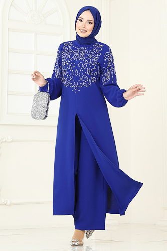 moda selvim Önden Yırtmaçlı Şık Takım 8062ABK1075 Saks - Thumbnail