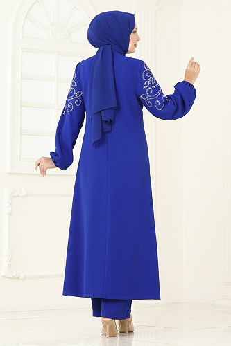 moda selvim Önden Yırtmaçlı Şık Takım 8062ABK1075 Saks - Thumbnail