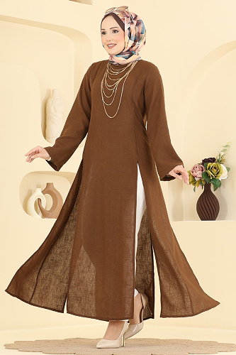 moda selvim Önden Yırtmaçlı Şık Tunik 0178ERK1158 Kahve - Thumbnail
