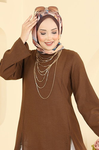 moda selvim Önden Yırtmaçlı Şık Tunik 0178ERK1158 Kahve - Thumbnail