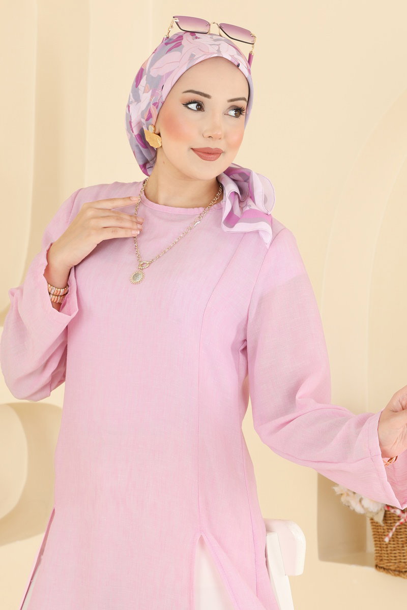 Önden Yırtmaçlı Şık Tunik 0178ERK1158 Pembe - Moda Selvim
