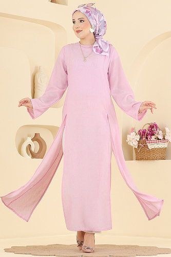 moda selvim Önden Yırtmaçlı Şık Tunik 0178ERK1158 Pembe - Thumbnail