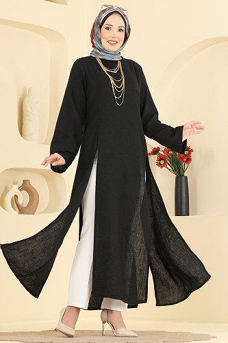 moda selvim Önden Yırtmaçlı Şık Tunik 0178ERK1158 Siyah - Thumbnail