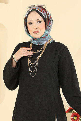 moda selvim Önden Yırtmaçlı Şık Tunik 0178ERK1158 Siyah - Thumbnail
