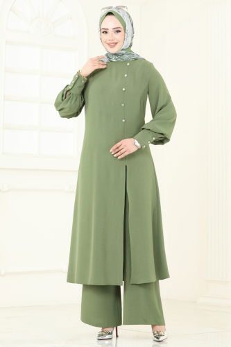 moda selvim Önden Yırtmaçlı Tesettür Takım 2664SL432 Çağla - Thumbnail