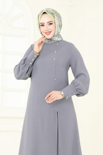 moda selvim Önden Yırtmaçlı Tesettür Takım 2664SL432 Gri - Thumbnail