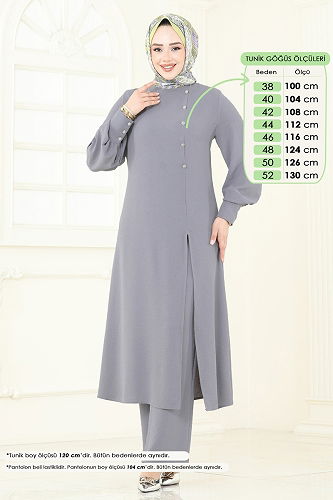 moda selvim Önden Yırtmaçlı Tesettür Takım 2664SL432 Gri - Thumbnail