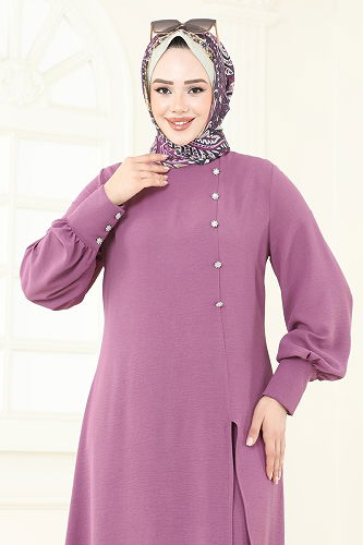 moda selvim Önden Yırtmaçlı Tesettür Takım 2664SL432 Koyu Gül Kurusu - Thumbnail