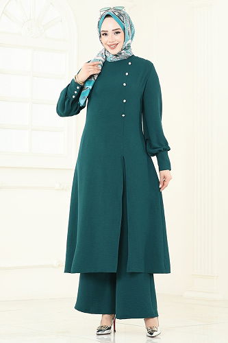 moda selvim Önden Yırtmaçlı Tesettür Takım 2664SL432 Petrol - Thumbnail