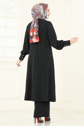 moda selvim Önden Yırtmaçlı Tesettür Takım 2664SL432 Siyah - Thumbnail