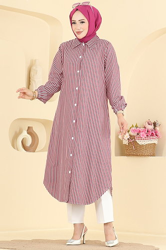 moda selvim Önen Düğmeli Uzun Tunik 4558PM271 Bordo - Thumbnail