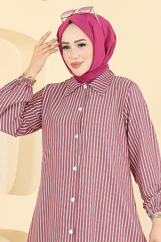 moda selvim Önen Düğmeli Uzun Tunik 4558PM271 Bordo - Thumbnail