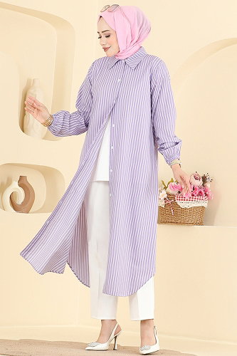 moda selvim Önen Düğmeli Uzun Tunik 4558PM271 Lila - Thumbnail