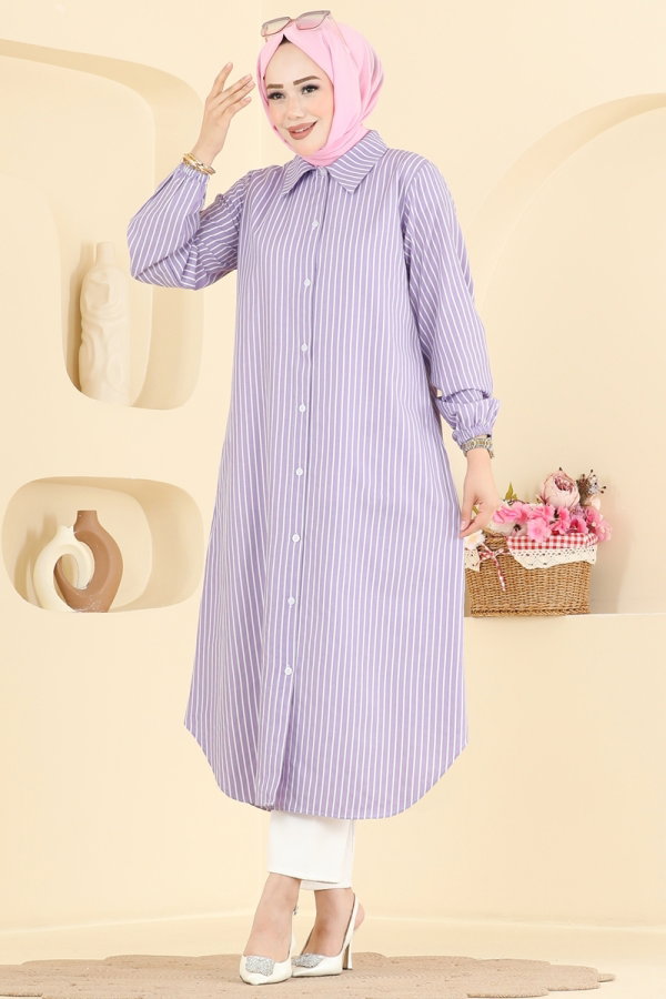 Modaselvim Tunik Önen Düğmeli Uzun Tunik 4558PM271 Lila