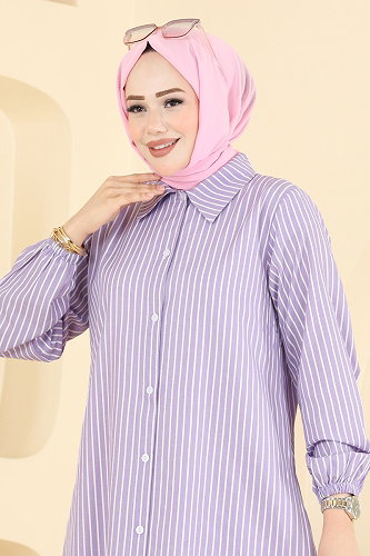 moda selvim Önen Düğmeli Uzun Tunik 4558PM271 Lila - Thumbnail