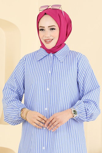 moda selvim Önen Düğmeli Uzun Tunik 4558PM271 Mavi - Thumbnail
