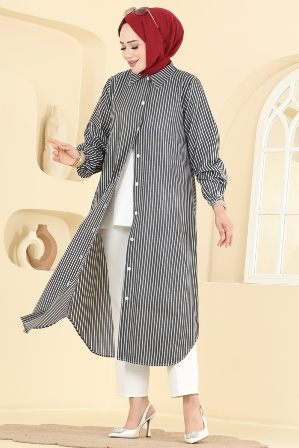Modaselvim Tunik Önen Düğmeli Uzun Tunik 4558PM271 Siyah
