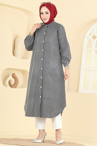 moda selvim Önen Düğmeli Uzun Tunik 4558PM271 Siyah - Thumbnail