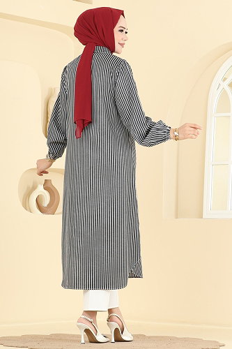 moda selvim Önen Düğmeli Uzun Tunik 4558PM271 Siyah - Thumbnail