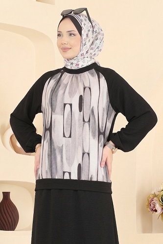moda selvim Önü Baskılı 2 li Takım 109NZRK1200 Siyah - Thumbnail