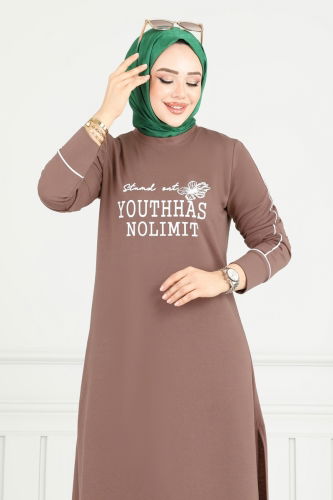 moda selvim Önü Baskılı Tesettür Takım 4098PM271 Açık Kahve - Thumbnail