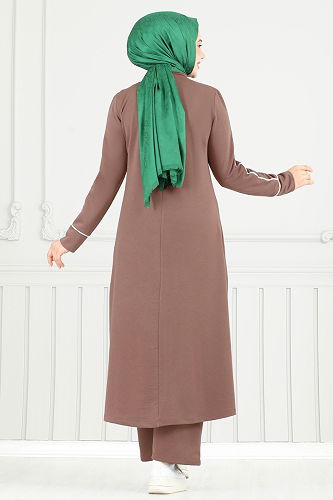 moda selvim Önü Baskılı Tesettür Takım 4098PM271 Açık Kahve - Thumbnail