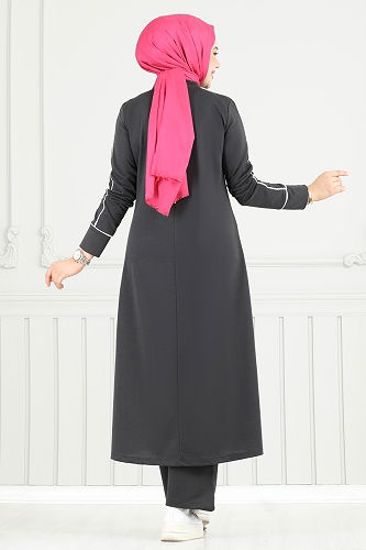 moda selvim Önü Baskılı Tesettür Takım 4098PM271 Antrasit - Thumbnail