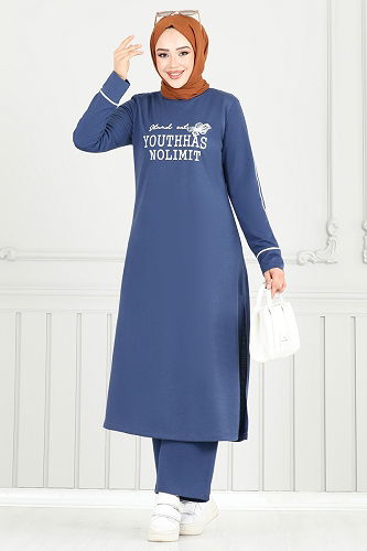 moda selvim Önü Baskılı Tesettür Takım 4098PM271 İndigo - Thumbnail