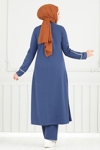 moda selvim Önü Baskılı Tesettür Takım 4098PM271 İndigo - Thumbnail