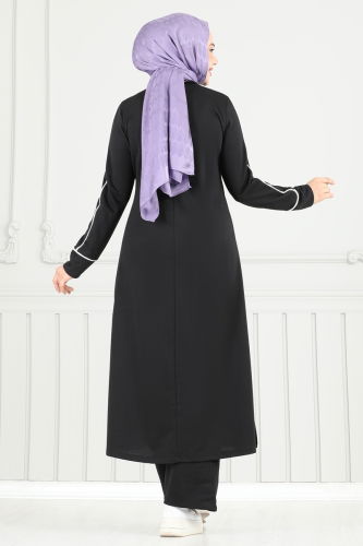 moda selvim Önü Baskılı Tesettür Takım 4098PM271 Siyah - Thumbnail