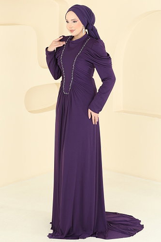 moda selvim Önü Büzgülü Taş Detaylı Abiye 5503DMNK1166 Mor - Thumbnail