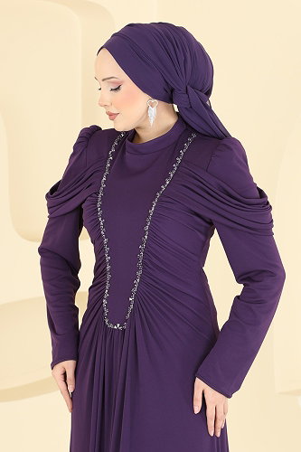 moda selvim Önü Büzgülü Taş Detaylı Abiye 5503DMNK1166 Mor - Thumbnail