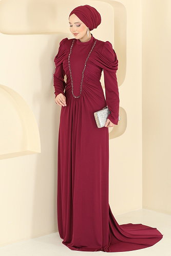 moda selvim Önü Büzgülü Taş Detaylı Abiye 5503DMNK1166 Mürdüm - Thumbnail