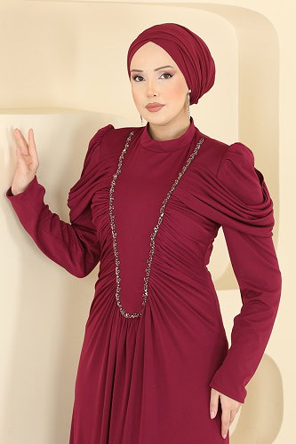 moda selvim Önü Büzgülü Taş Detaylı Abiye 5503DMNK1166 Mürdüm - Thumbnail