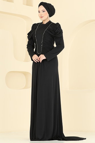 moda selvim Önü Büzgülü Taş Detaylı Abiye 5503DMNK1166 Siyah - Thumbnail