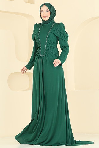 moda selvim Önü Büzgülü Taş Detaylı Abiye 5503DMNK1166 Zümrüt - Thumbnail