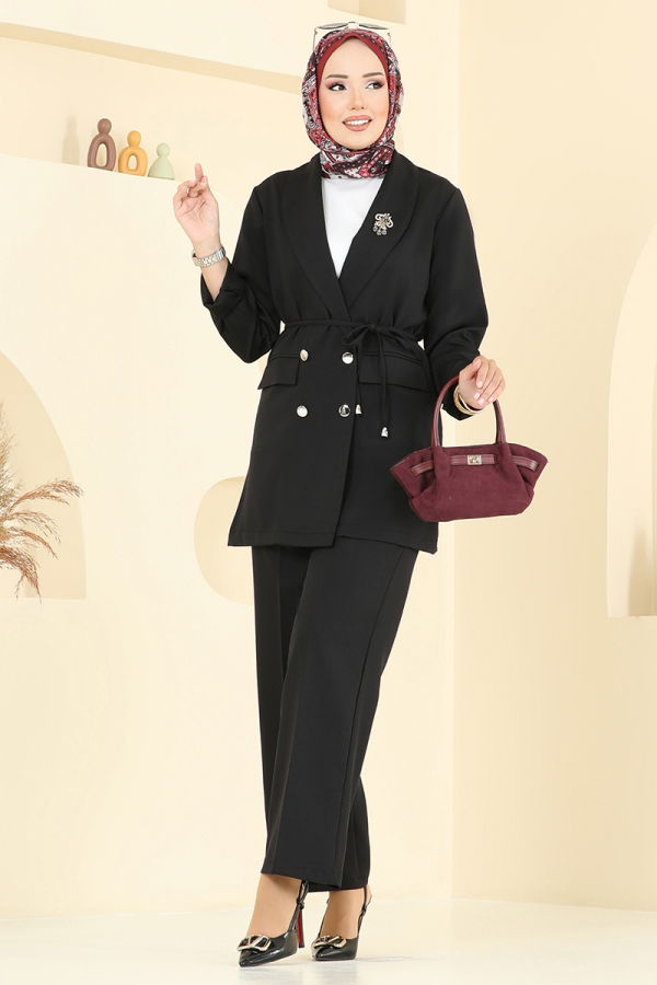 Modaselvim SEPETTE NET %20 + %10 İNDİRİM Önü Cepli Ceketli Takım 1090MP930-M Siyah