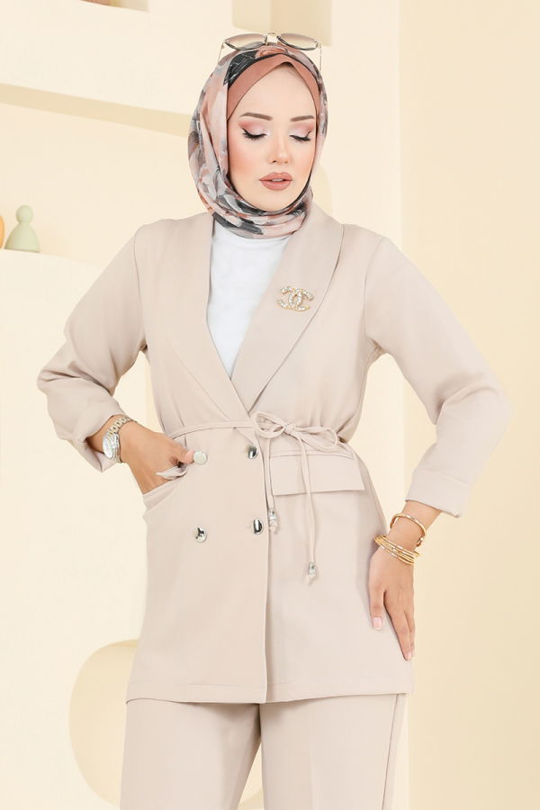 Modaselvim SEPETTE NET %20 + %10 İNDİRİM Önü Cepli Ceketli Takım 1090MP930-M Taş