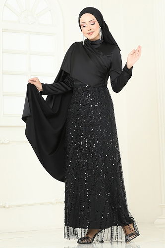 moda selvim Önü Drape Detaylı Abiye 5700EDF311 Siyah - Thumbnail