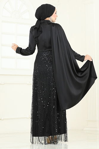 moda selvim Önü Drape Detaylı Abiye 5700EDF311 Siyah - Thumbnail