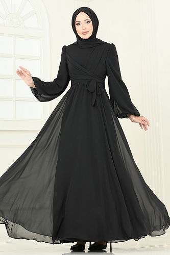 moda selvim Önü Drape Detaylı Şifon Abiye 2823ELC1143 Siyah - Thumbnail