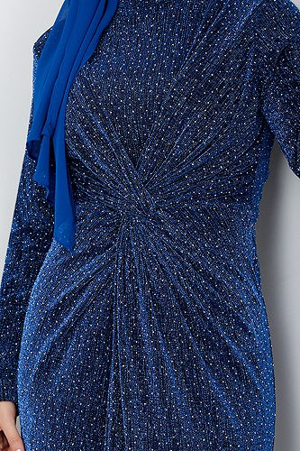 moda selvim Önü Drapeli Abiye 5622END900-M Saks - Thumbnail