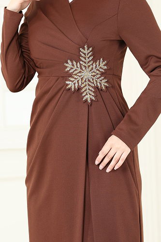 moda selvim Önü Drapeli Abiye Elbise 2792ASMK1074 Taba - Thumbnail